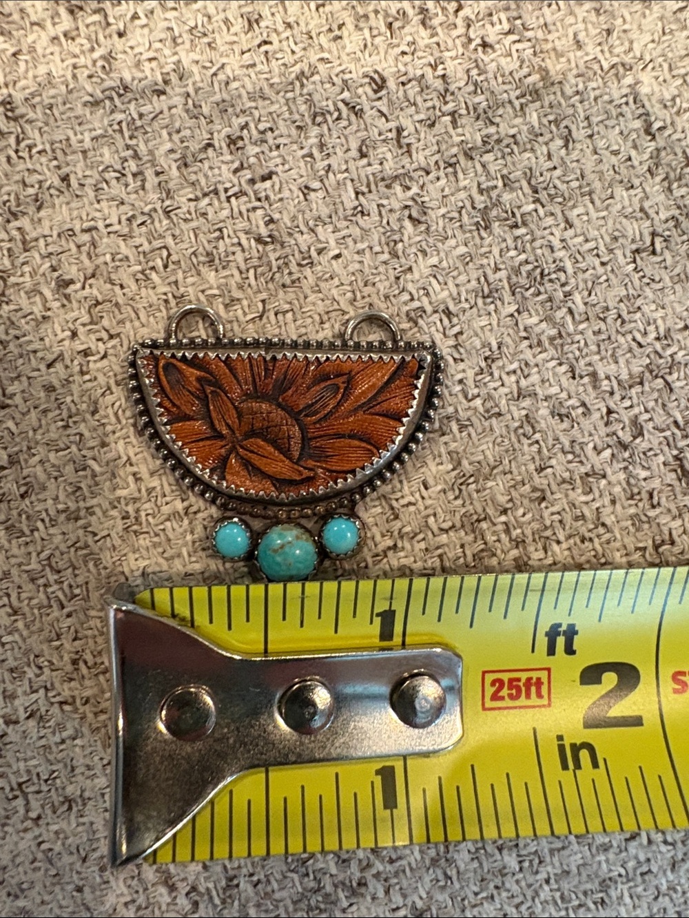 Kasey Jean Leather Design Turquoise and Sterling Silver tooled Leather Pendant